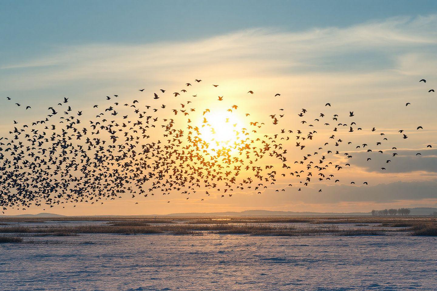Volée d'oiseaux survolant des marais au soleil couchant