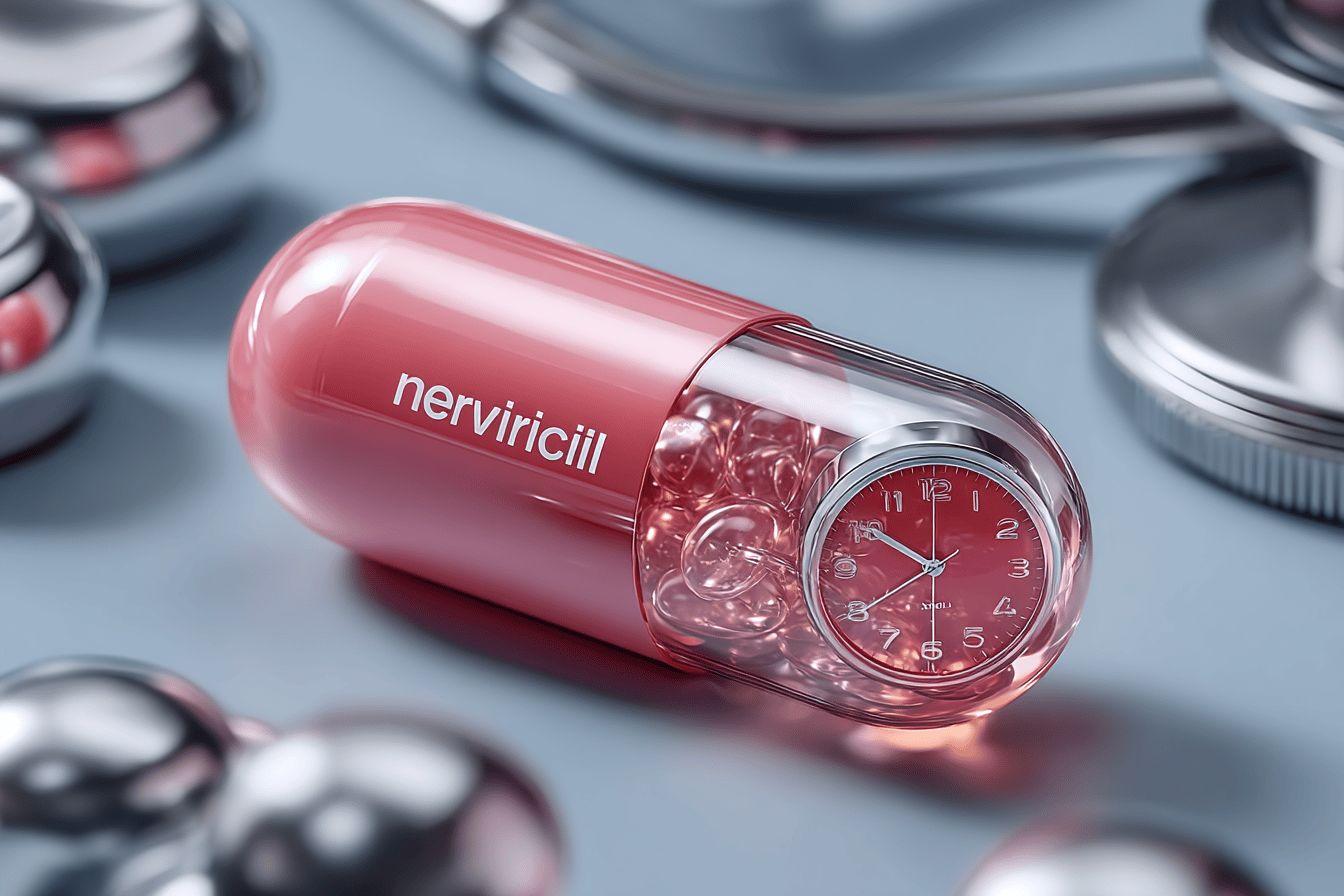 Capsule rose transparente avec horloge intégrée et médicaments