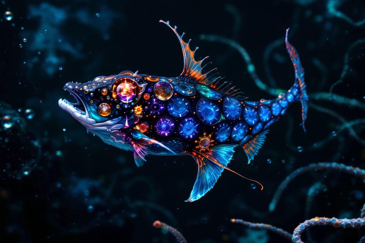 Créature marine fantastique avec des sphères lumineuses colorées