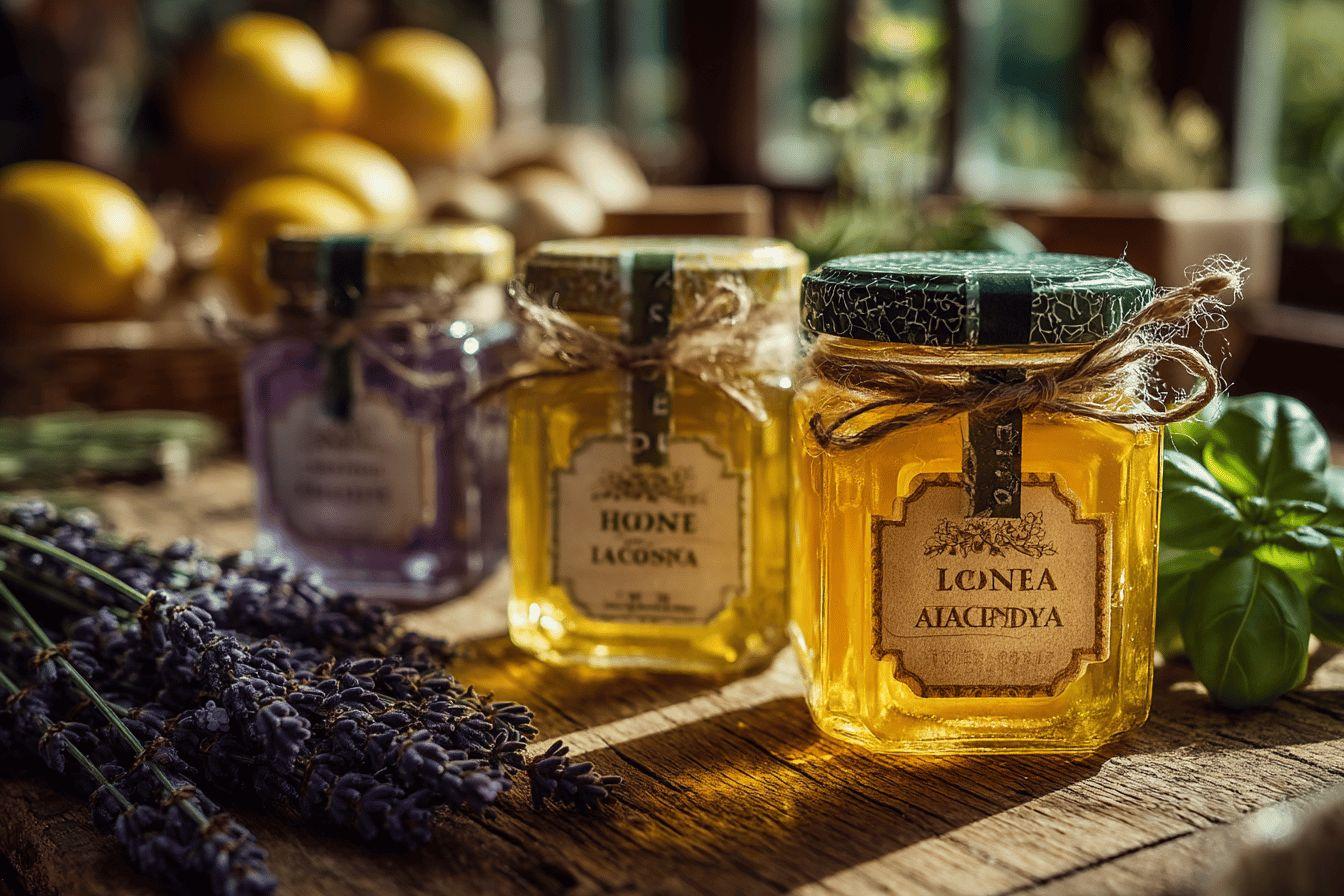 Pots de miel vintage avec lavande sur table en bois rustique