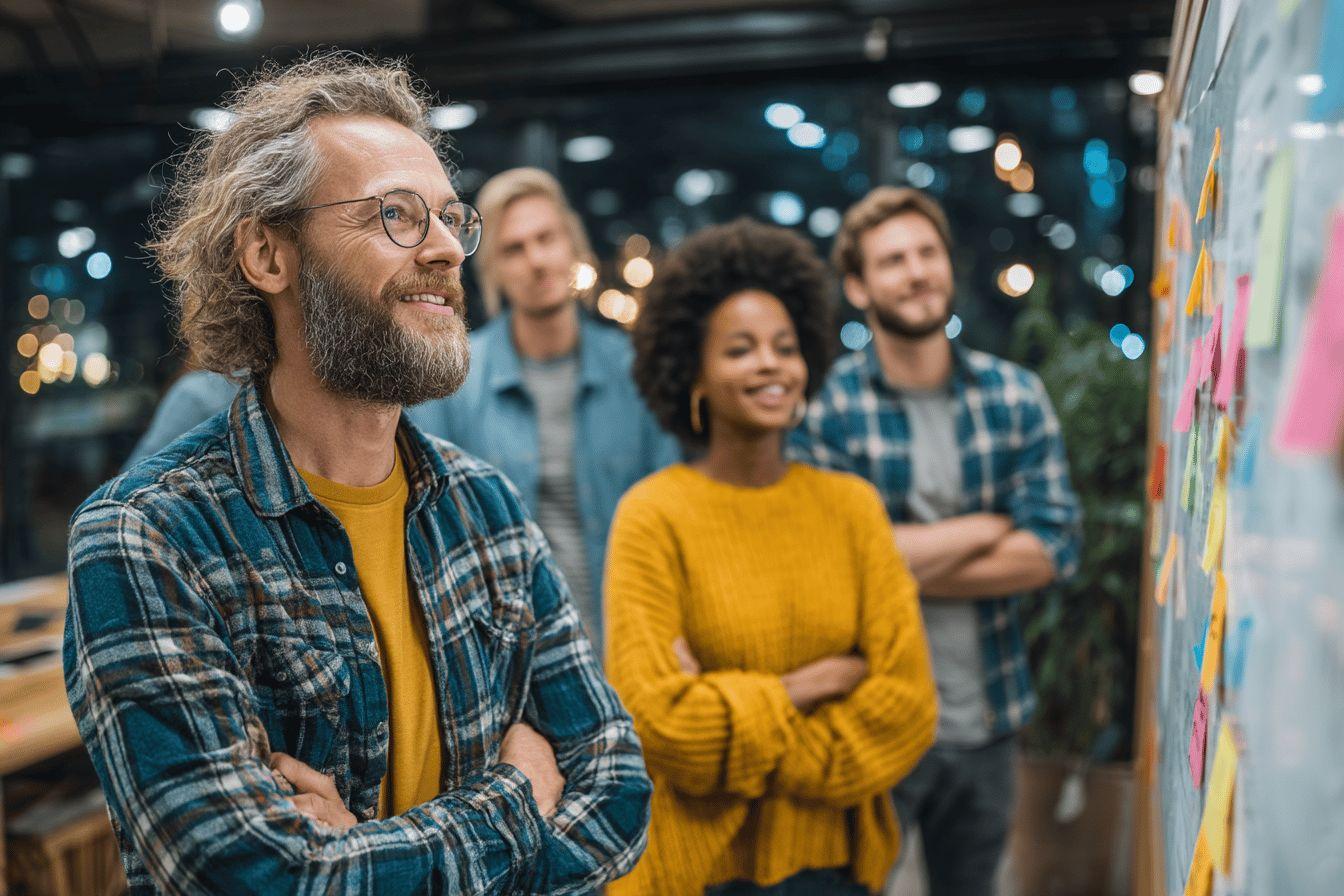 Groupe de collègues souriants devant un tableau de projet