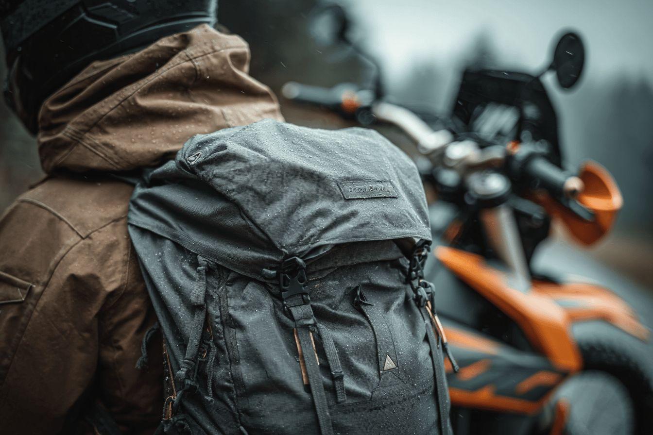 Sac à dos gris sur veste près d'une moto orange