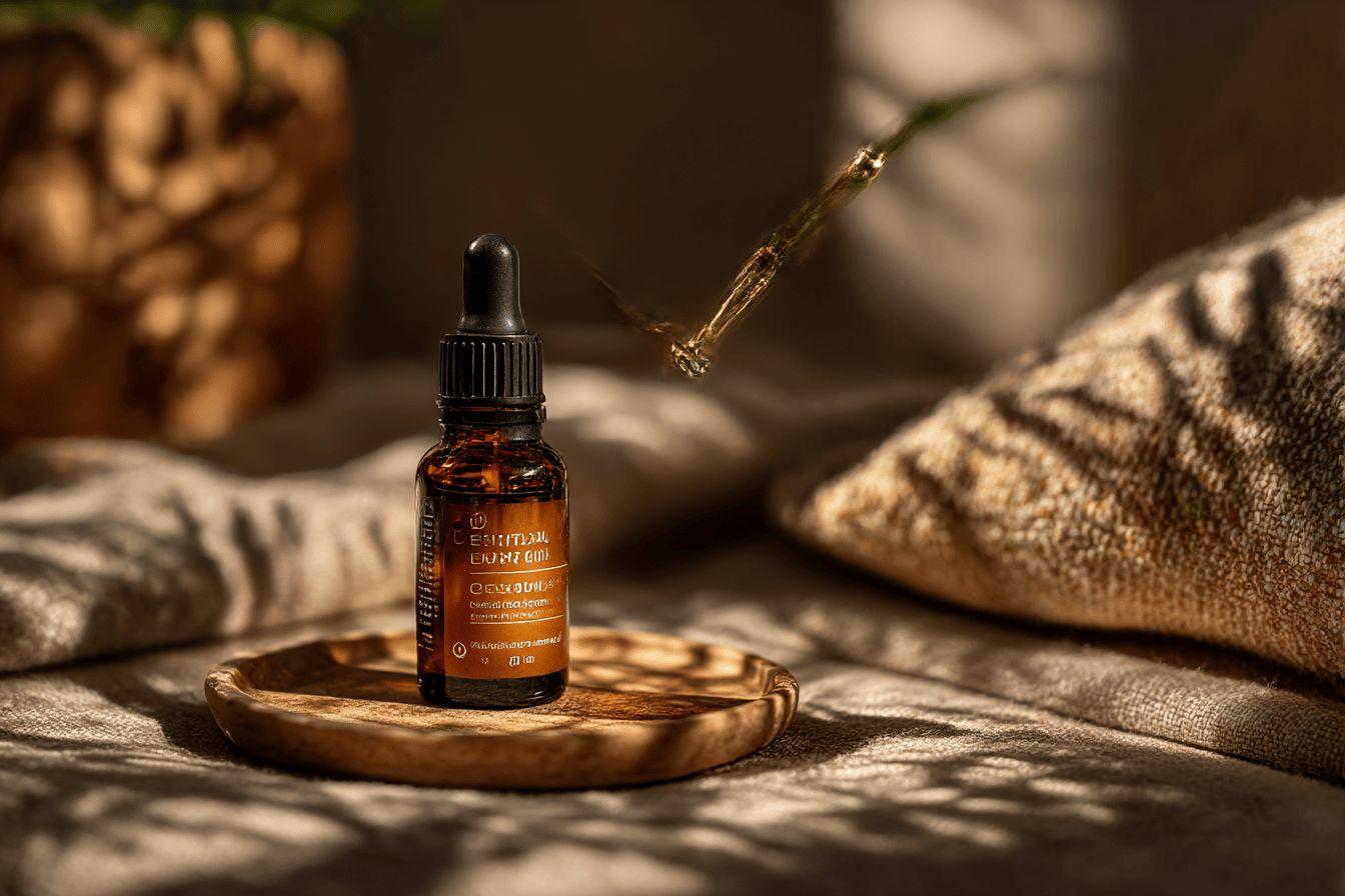 Flacon compte-gouttes ambre sur plateau en bois, lumière douce