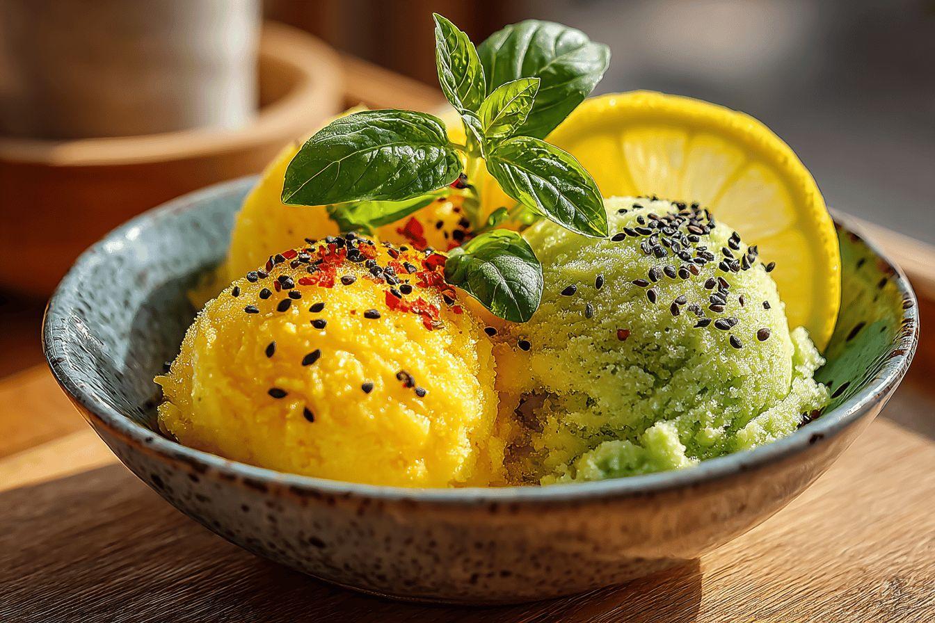 Deux boules de sorbet jaune et vert décorées de graines