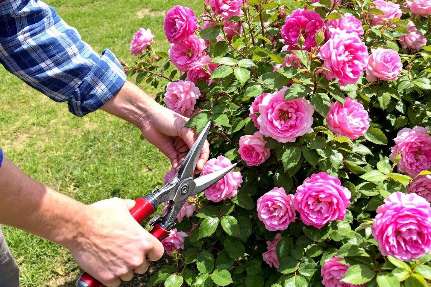 Main avec sécateur coupant des roses roses luxuriantes