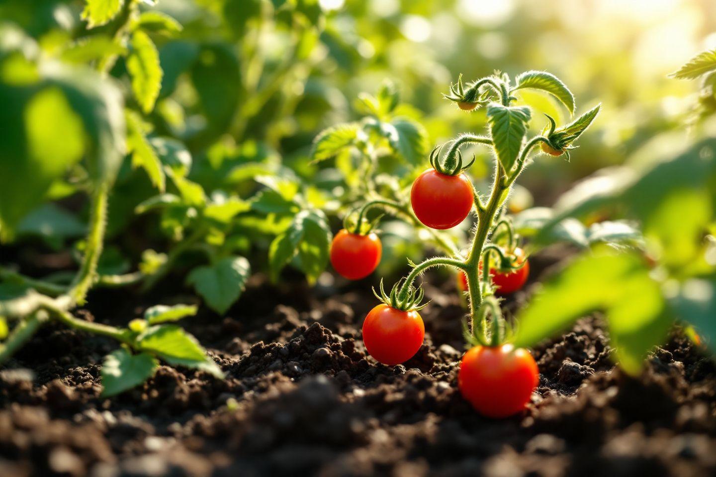 Tomates rouges poussant sur plant vert dans la terre