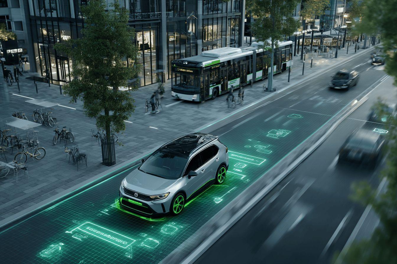 Véhicule connecté sur route intelligente avec interface numérique verte