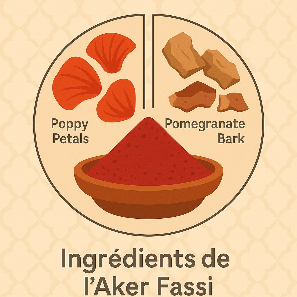 ChatGPT Image 12 juin 2025, 22_39_07 Infographie des ingrédients de l’Aker Fassi (coquelicot et grenade)